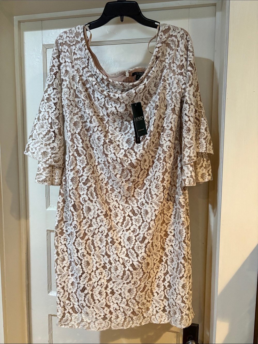 Lauren Ralph Lauren Cream Lace Overlay Off Shoulder Dress NWT 16